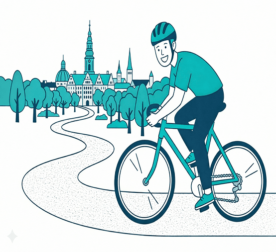 Cyclist riding toward the city